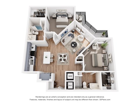 Floor plan for 2 beds, 2 baths, 1157 sqft
